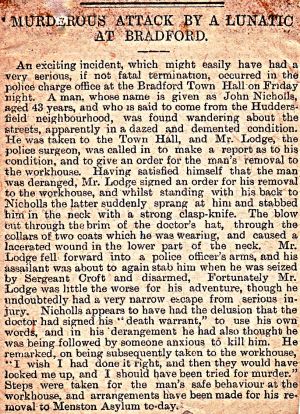 Murderous Attack By John Nicholls, Inmate 469  Admitted 13th June 1892 aged 42 Blacksmith By Proffession